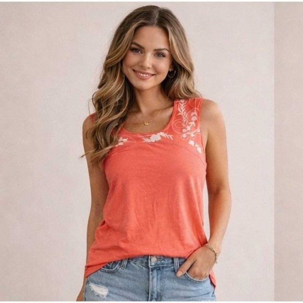 Eddie Bauer Coral Floral Embroidered Top‎ Boho Cottagecore Sleeveless Sz Large